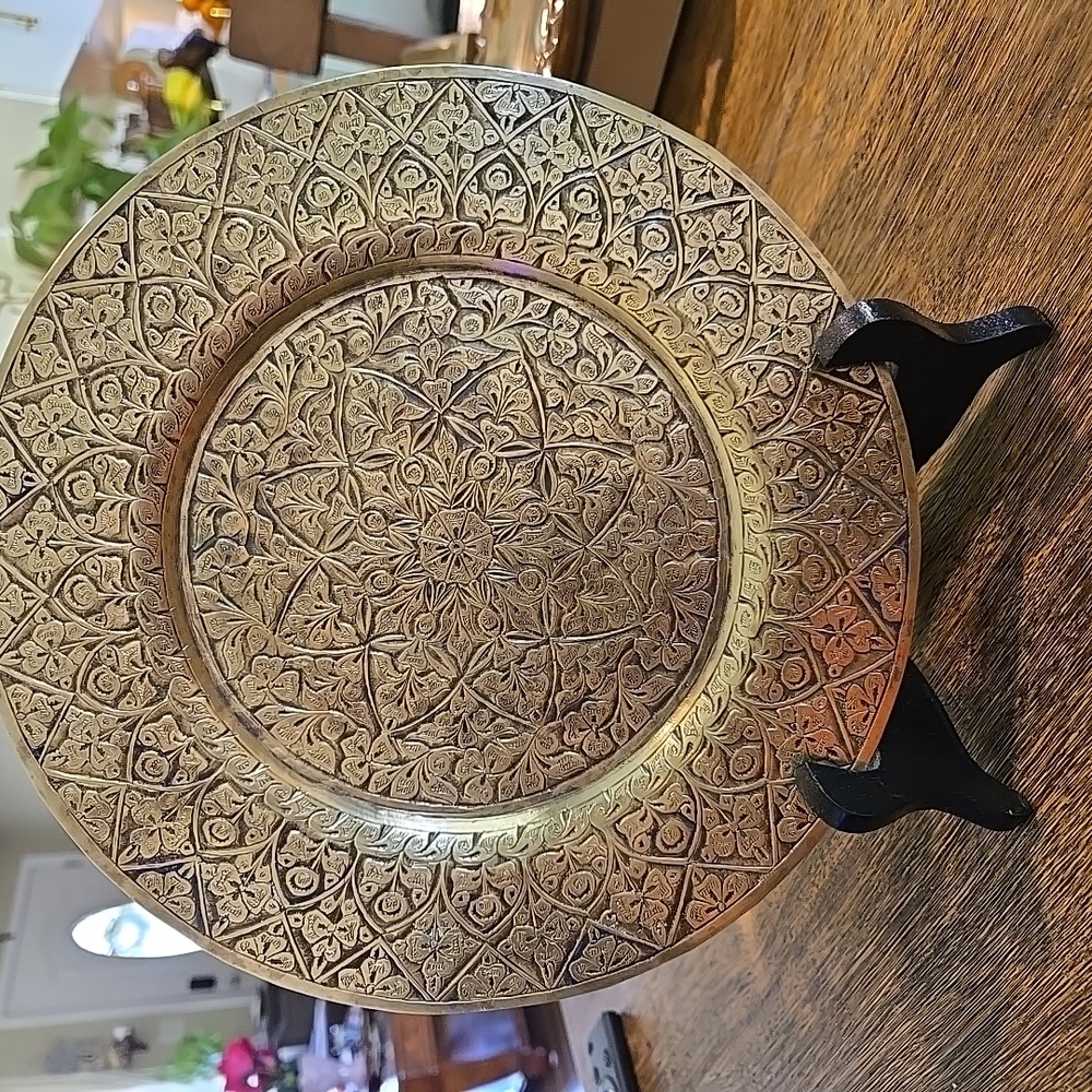Vintage Solid Brass 8" Tray Intricate Detail Enamel India Floral/Vines Signed
